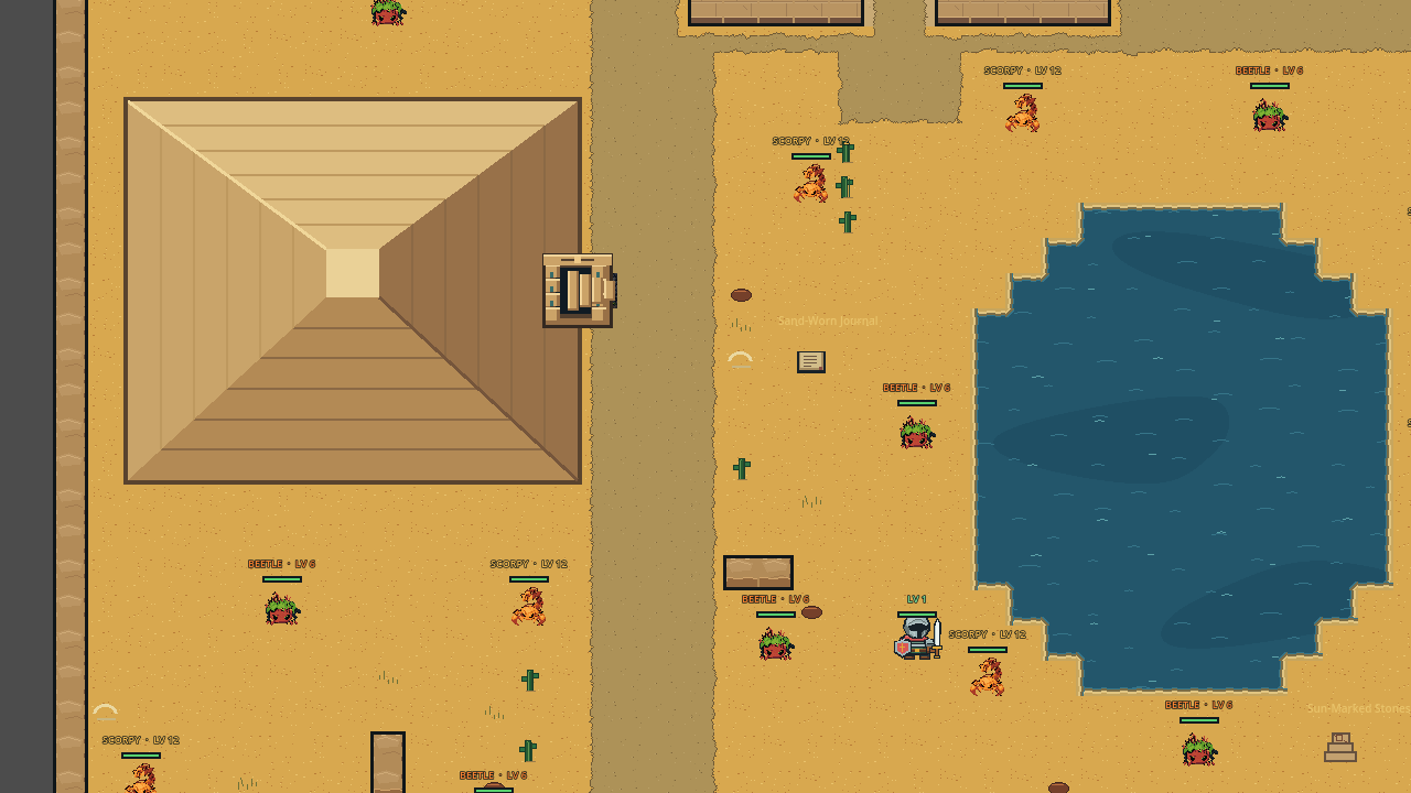 A pyramid and oasis in the pixel-art sands of Mara Desert